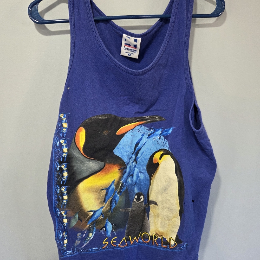 Vintage Sea World Penguin Tank Top Men's Medium Blue Nature Animals Made in USA